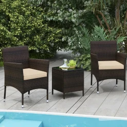 Tangkula 3 Pieces Patio Rattan Furniture Set, Outdoor Conversation Set with PE Wicker Armchairs