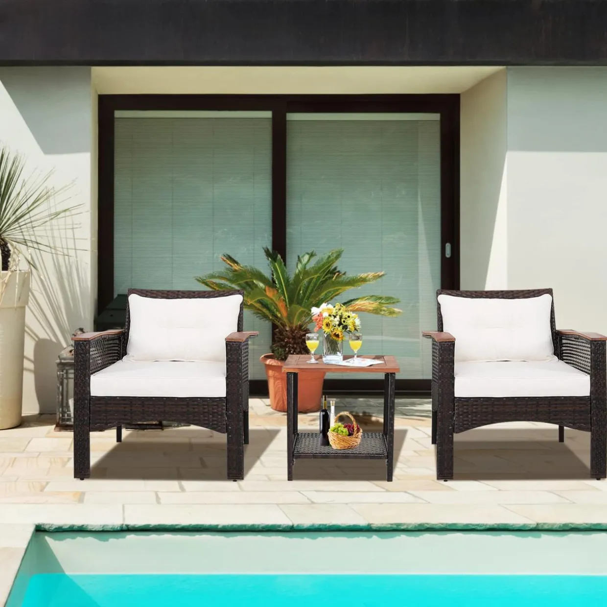 Tangkula 3 Pieces Patio Rattan Sofa Set