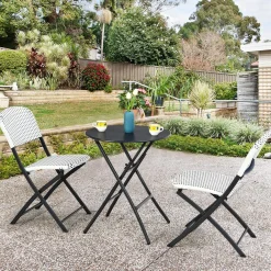 Tangkula 3 Pieces Patio Rattan Bistro Set, Outdoor Folding Dining Furniture Set with Round Dining Table and 2 Chairs