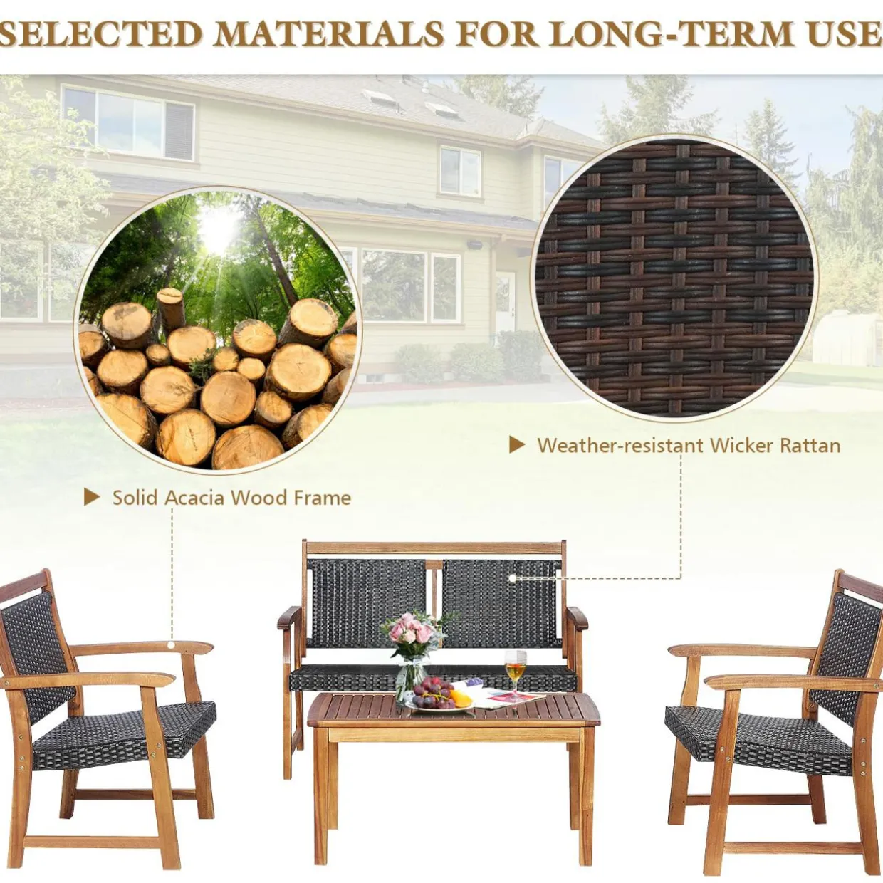 Tangkula 4 Pieces Patio Rattan Conversation Set with Acacia Wood Frame, Patiojoy Outdoor Furniture Set with Chairs & Coffee Table