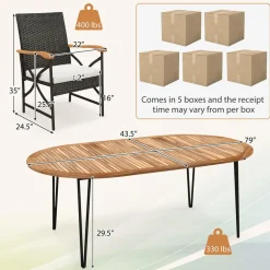 Tangkula 9 Pieces Patio Rattan Dining Set, Outdoor Oval Acacia Wood Dining Table and 8 Patio Wicker Armchairs Set with Umbrella Hole