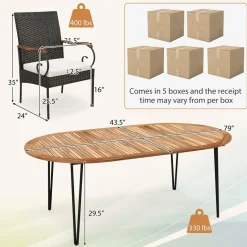 Tangkula 9 Pieces Patio Rattan Dining Set, Outdoor Oval Acacia Wood Dining Table and Wicker Armchairs Set with Umbrella Hole