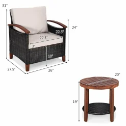 Tangkula 3 Pieces Patio Rattan Furniture Set, Outdoor Wicker Sofa Set w/Washable Cushion and Acacia Wood Tabletop
