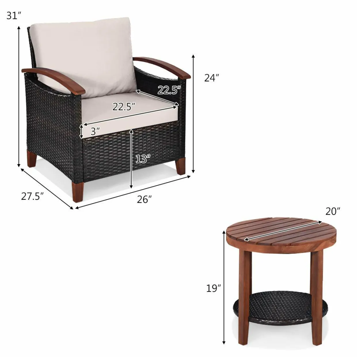 Tangkula 3 Pieces Patio Rattan Furniture Set, Outdoor Wicker Sofa Set w/Washable Cushion and Acacia Wood Tabletop