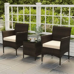 Tangkula 3 Pieces Patio Rattan Furniture Set, Outdoor Conversation Set with PE Wicker Armchairs