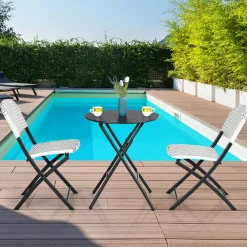 Tangkula 3 Pieces Patio Rattan Bistro Set, Outdoor Folding Dining Furniture Set with Round Dining Table and 2 Chairs