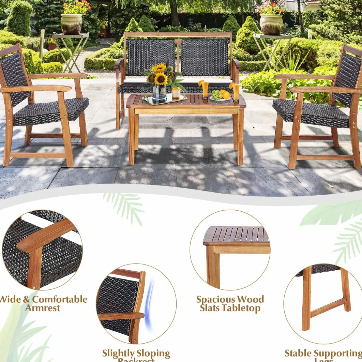 Tangkula 4 Pieces Patio Rattan Conversation Set with Acacia Wood Frame, Patiojoy Outdoor Furniture Set with Chairs & Coffee Table