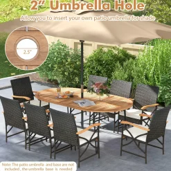 Tangkula 9 Pieces Patio Rattan Dining Set, Outdoor Oval Acacia Wood Dining Table and 8 Patio Wicker Armchairs Set with Umbrella Hole