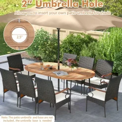 Tangkula 9 Pieces Patio Rattan Dining Set, Outdoor Oval Acacia Wood Dining Table and Wicker Armchairs Set with Umbrella Hole