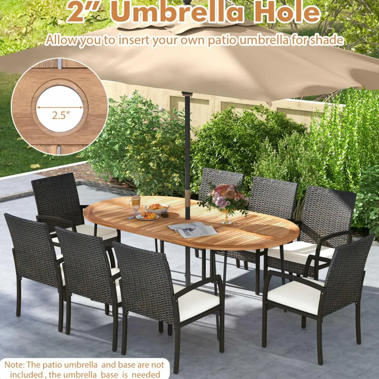 Tangkula 9 Pieces Patio Rattan Dining Set, Outdoor Oval Acacia Wood Dining Table and 8 Patio Wicker Armchairs Set with Umbrella Hole