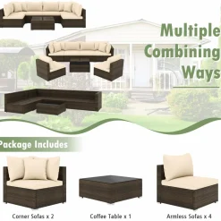Tangkula 7 Pieces Patio Rattan Furniture Set, Patiojoy Outdoor Conversation Set with Cushions and Tempered Glass Coffee Table