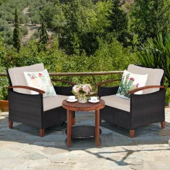 Tangkula 3 Pieces Patio Rattan Furniture Set, Outdoor Wicker Sofa Set w/Washable Cushion and Acacia Wood Tabletop