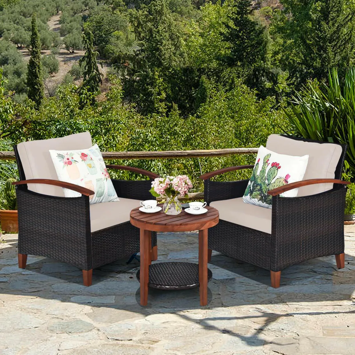 Tangkula 3 Pieces Patio Rattan Furniture Set, Outdoor Wicker Sofa Set w/Washable Cushion and Acacia Wood Tabletop