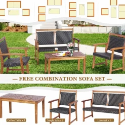 Tangkula 4 Pieces Patio Rattan Conversation Set with Acacia Wood Frame, Patiojoy Outdoor Furniture Set with Chairs & Coffee Table