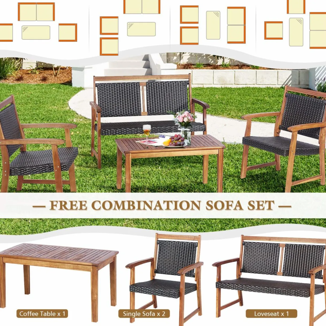 Tangkula 4 Pieces Patio Rattan Conversation Set with Acacia Wood Frame, Patiojoy Outdoor Furniture Set with Chairs & Coffee Table