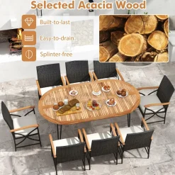 Tangkula 9 Pieces Patio Rattan Dining Set, Outdoor Oval Acacia Wood Dining Table and 8 Patio Wicker Armchairs Set with Umbrella Hole