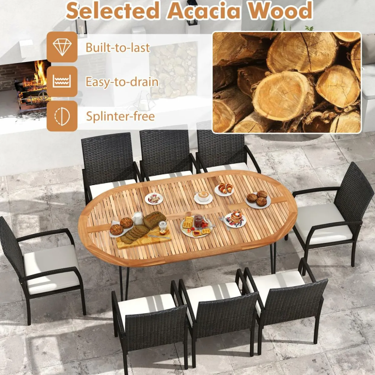 Tangkula 9 Pieces Patio Rattan Dining Set, Outdoor Oval Acacia Wood Dining Table and 8 Patio Wicker Armchairs Set with Umbrella Hole