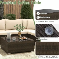 Tangkula 7 Pieces Patio Rattan Furniture Set, Patiojoy Outdoor Conversation Set with Cushions and Tempered Glass Coffee Table