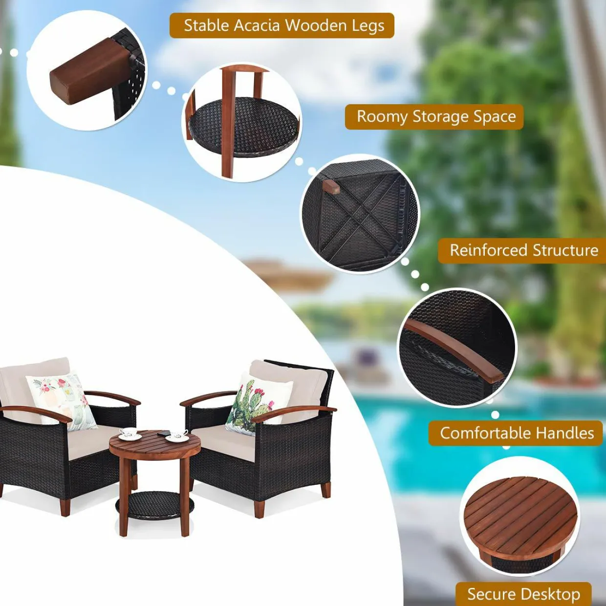 Tangkula 3 Pieces Patio Rattan Furniture Set, Outdoor Wicker Sofa Set w/Washable Cushion and Acacia Wood Tabletop