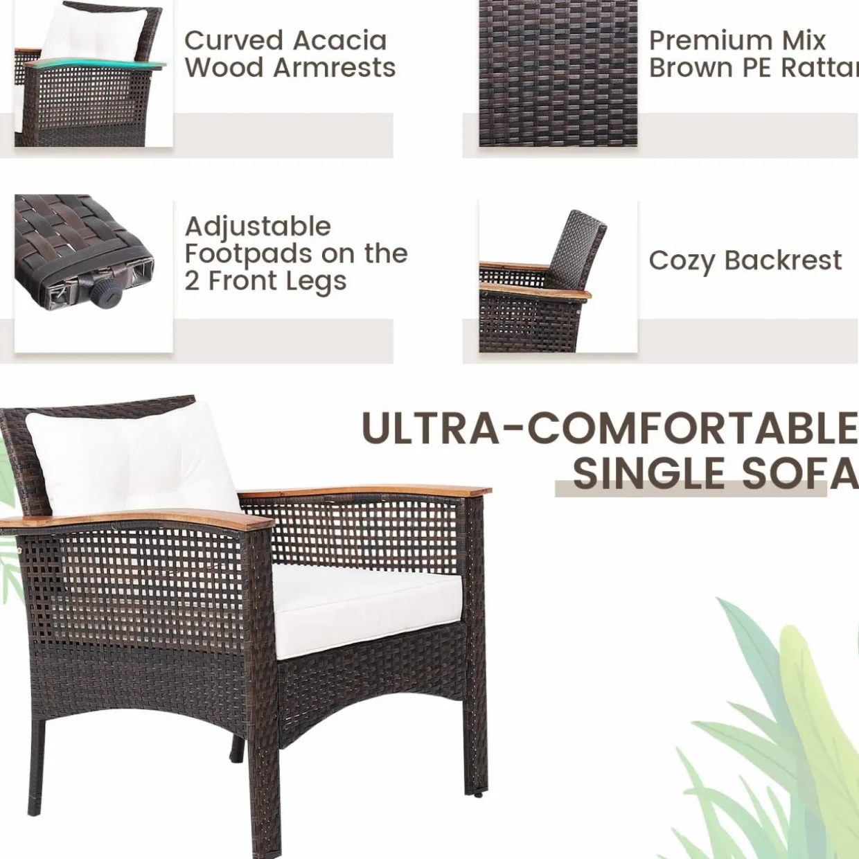 Tangkula 3 Pieces Patio Rattan Sofa Set