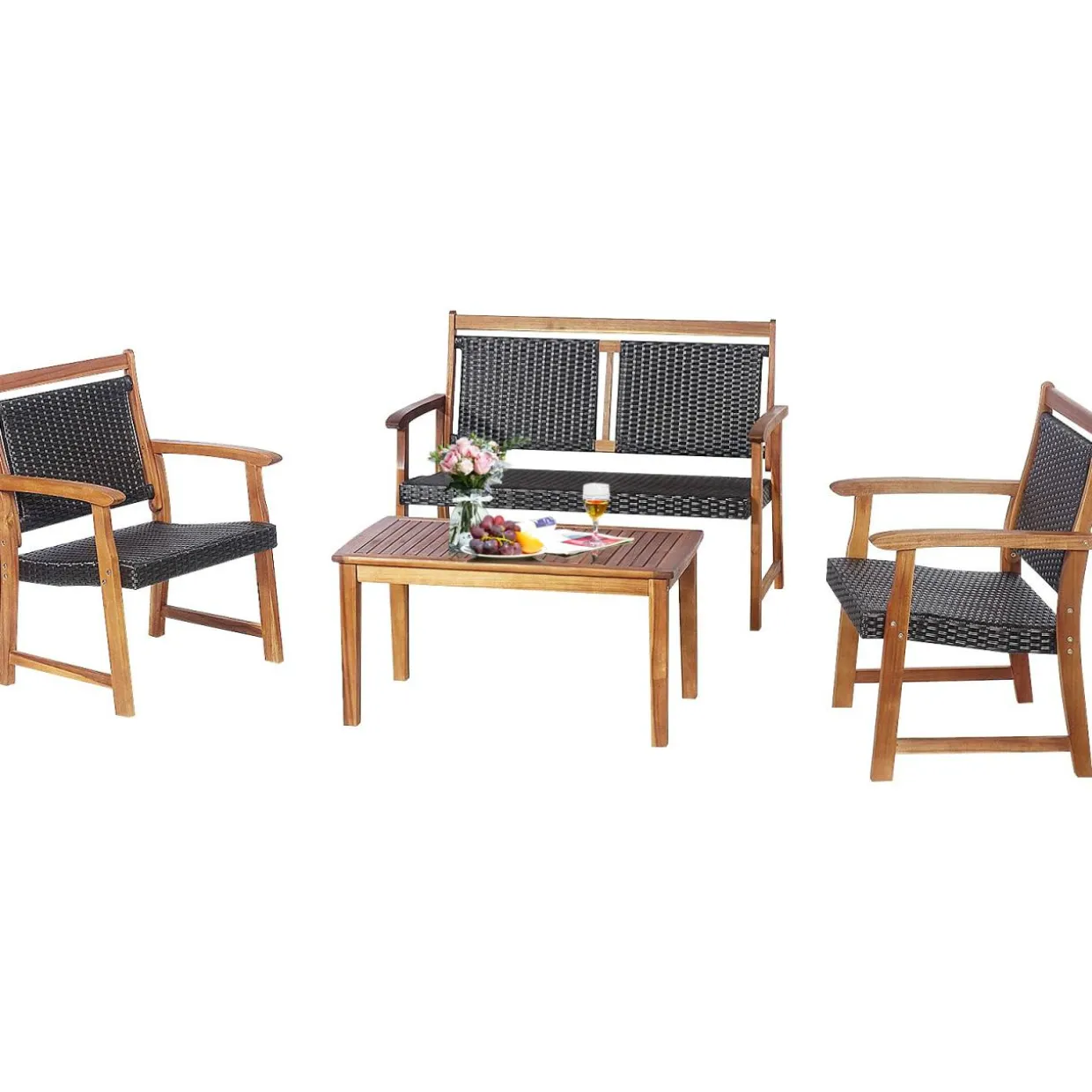Tangkula 4 Pieces Patio Rattan Conversation Set with Acacia Wood Frame, Patiojoy Outdoor Furniture Set with Chairs & Coffee Table