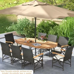 Tangkula 9 Pieces Patio Rattan Dining Set, Outdoor Oval Acacia Wood Dining Table and 8 Patio Wicker Armchairs Set with Umbrella Hole