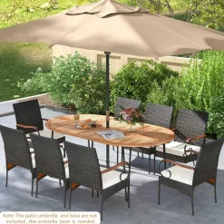 Tangkula 9 Pieces Patio Rattan Dining Set, Outdoor Oval Acacia Wood Dining Table and Wicker Armchairs Set with Umbrella Hole