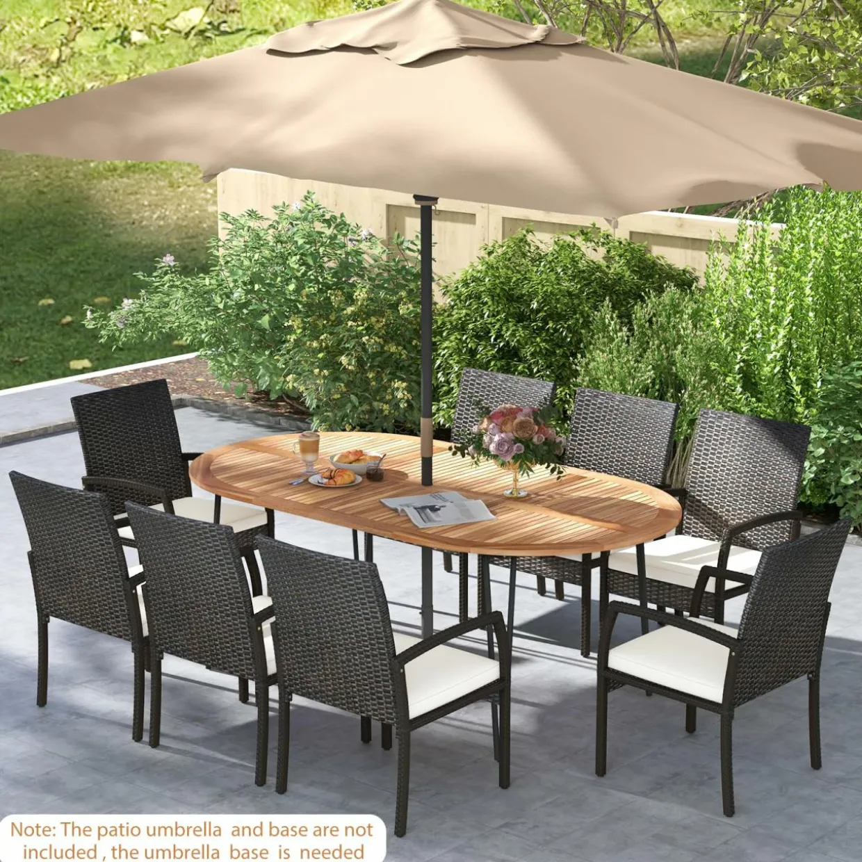 Tangkula 9 Pieces Patio Rattan Dining Set, Outdoor Oval Acacia Wood Dining Table and 8 Patio Wicker Armchairs Set with Umbrella Hole