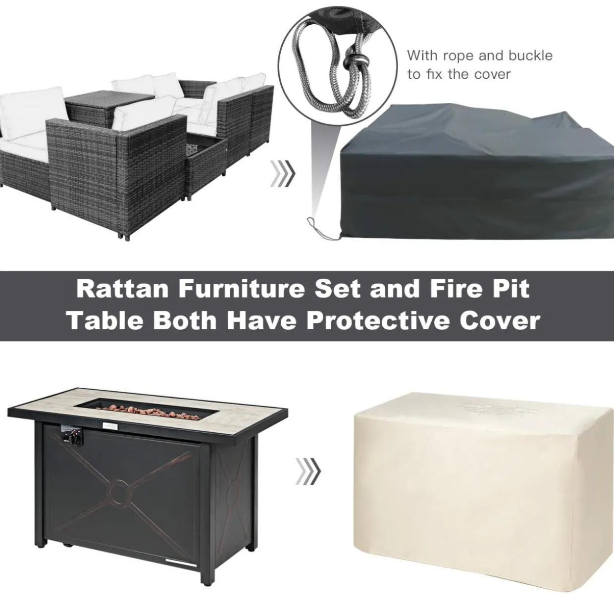 Tangkula 9 Pieces Patio Rattan Furniture Set, Patiojoy Sectional Sofa Set with Fire Pit Table,Waterproof Covers Includes