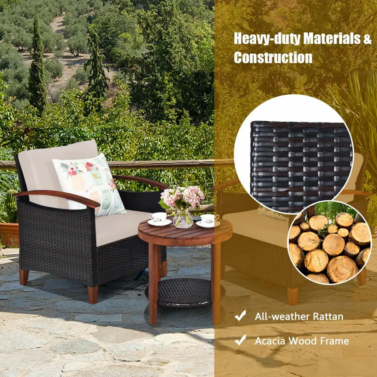 Tangkula 3 Pieces Patio Rattan Furniture Set, Outdoor Wicker Sofa Set w/Washable Cushion and Acacia Wood Tabletop