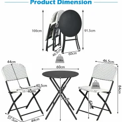 Tangkula 3 Pieces Patio Rattan Bistro Set, Outdoor Folding Dining Furniture Set with Round Dining Table and 2 Chairs