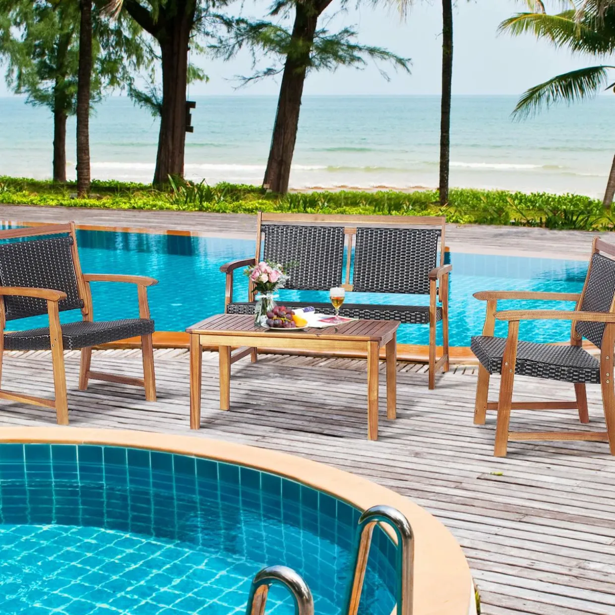 Tangkula 4 Pieces Patio Rattan Conversation Set with Acacia Wood Frame, Patiojoy Outdoor Furniture Set with Chairs & Coffee Table