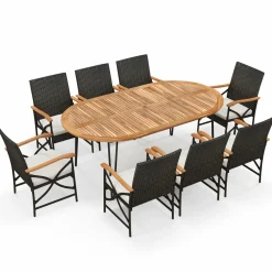 Tangkula 9 Pieces Patio Rattan Dining Set, Outdoor Oval Acacia Wood Dining Table and 8 Patio Wicker Armchairs Set with Umbrella Hole