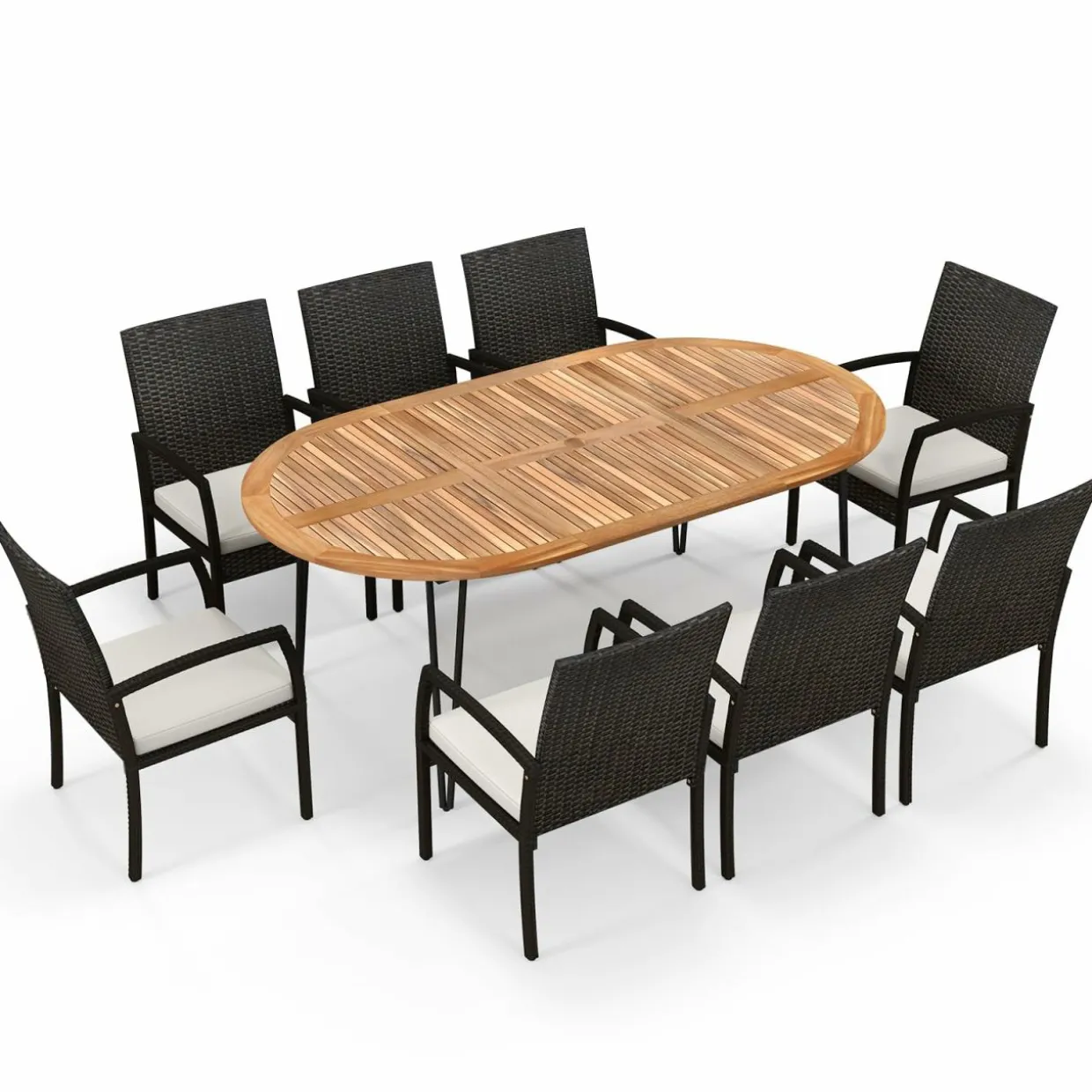 Tangkula 9 Pieces Patio Rattan Dining Set, Outdoor Oval Acacia Wood Dining Table and 8 Patio Wicker Armchairs Set with Umbrella Hole