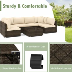 Tangkula 7 Pieces Patio Rattan Furniture Set, Patiojoy Outdoor Conversation Set with Cushions and Tempered Glass Coffee Table