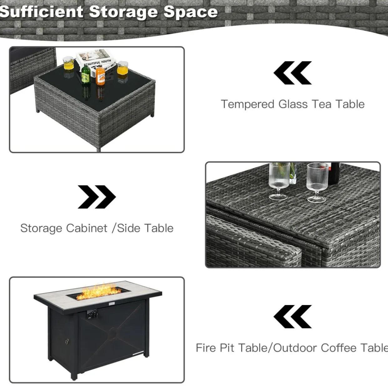 Tangkula 9 Pieces Patio Rattan Furniture Set, Patiojoy Sectional Sofa Set with Fire Pit Table,Waterproof Covers Includes
