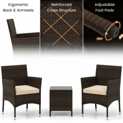 Tangkula 3 Pieces Patio Rattan Furniture Set, Outdoor Conversation Set with PE Wicker Armchairs