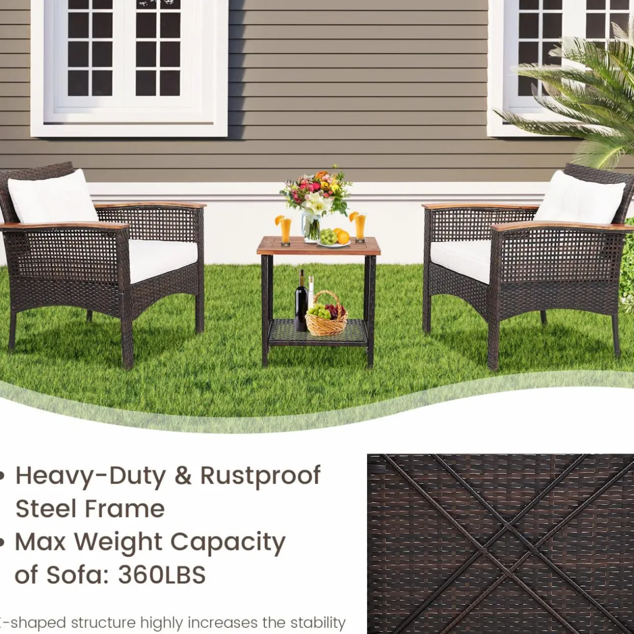 Tangkula 3 Pieces Patio Rattan Sofa Set