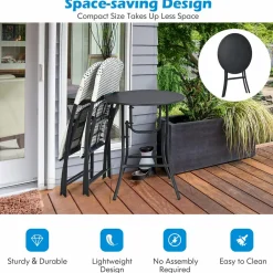 Tangkula 3 Pieces Patio Rattan Bistro Set, Outdoor Folding Dining Furniture Set with Round Dining Table and 2 Chairs