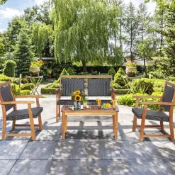 Tangkula 4 Pieces Patio Rattan Conversation Set with Acacia Wood Frame, Patiojoy Outdoor Furniture Set with Chairs & Coffee Table