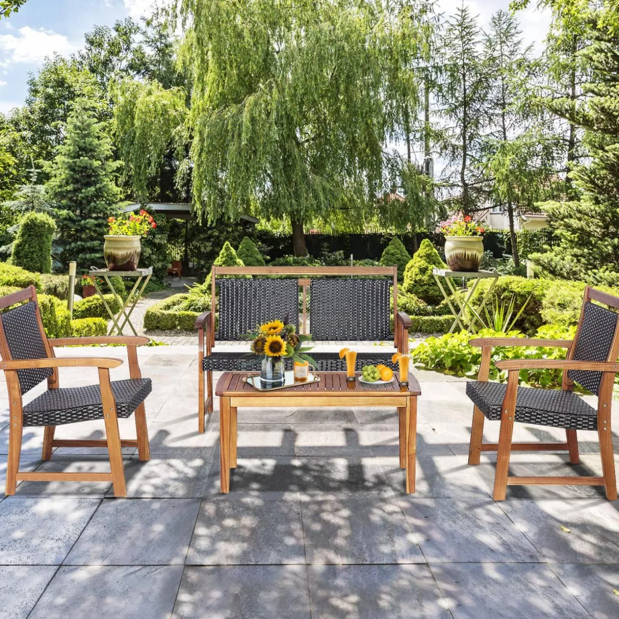 Tangkula 4 Pieces Patio Rattan Conversation Set with Acacia Wood Frame, Patiojoy Outdoor Furniture Set with Chairs & Coffee Table