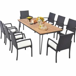 Tangkula 9 Pieces Patio Rattan Dining Set with Acacia Wood Table
