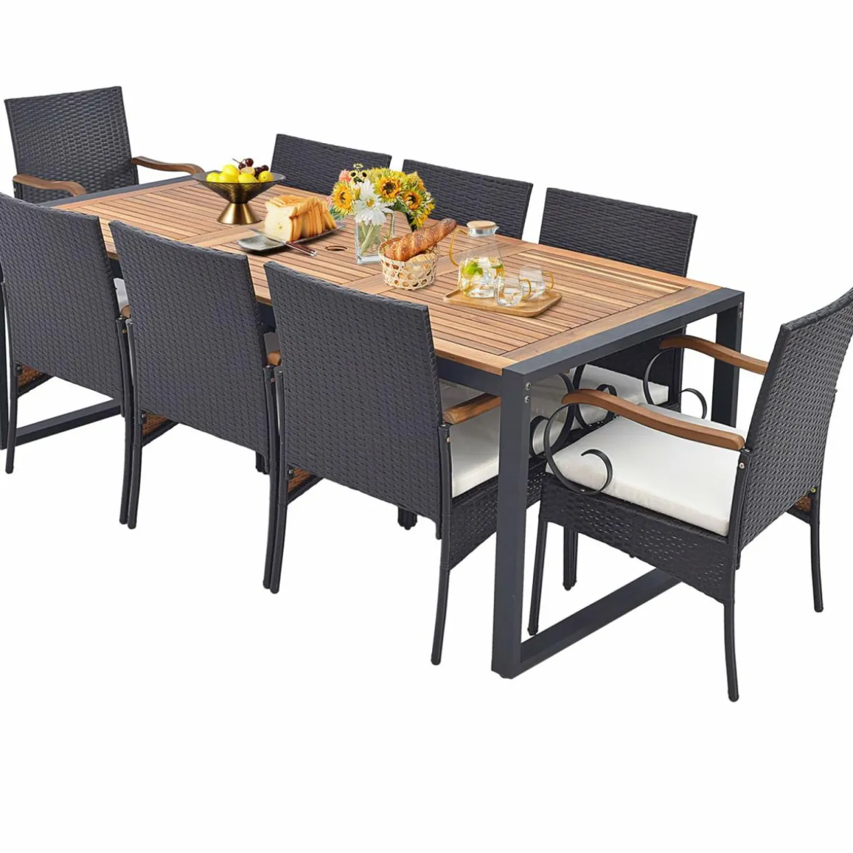 Tangkula 9 Pieces Patio Rattan Dining Set with Acacia Wood Table, Outdoor Table and Chairs Set with Cushions