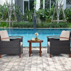 Tangkula 3 Pieces Patio Rattan Furniture Set, Outdoor Wicker Sofa Set w/Washable Cushion and Acacia Wood Tabletop