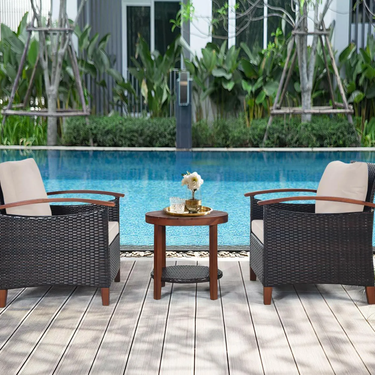 Tangkula 3 Pieces Patio Rattan Furniture Set, Outdoor Wicker Sofa Set w/Washable Cushion and Acacia Wood Tabletop