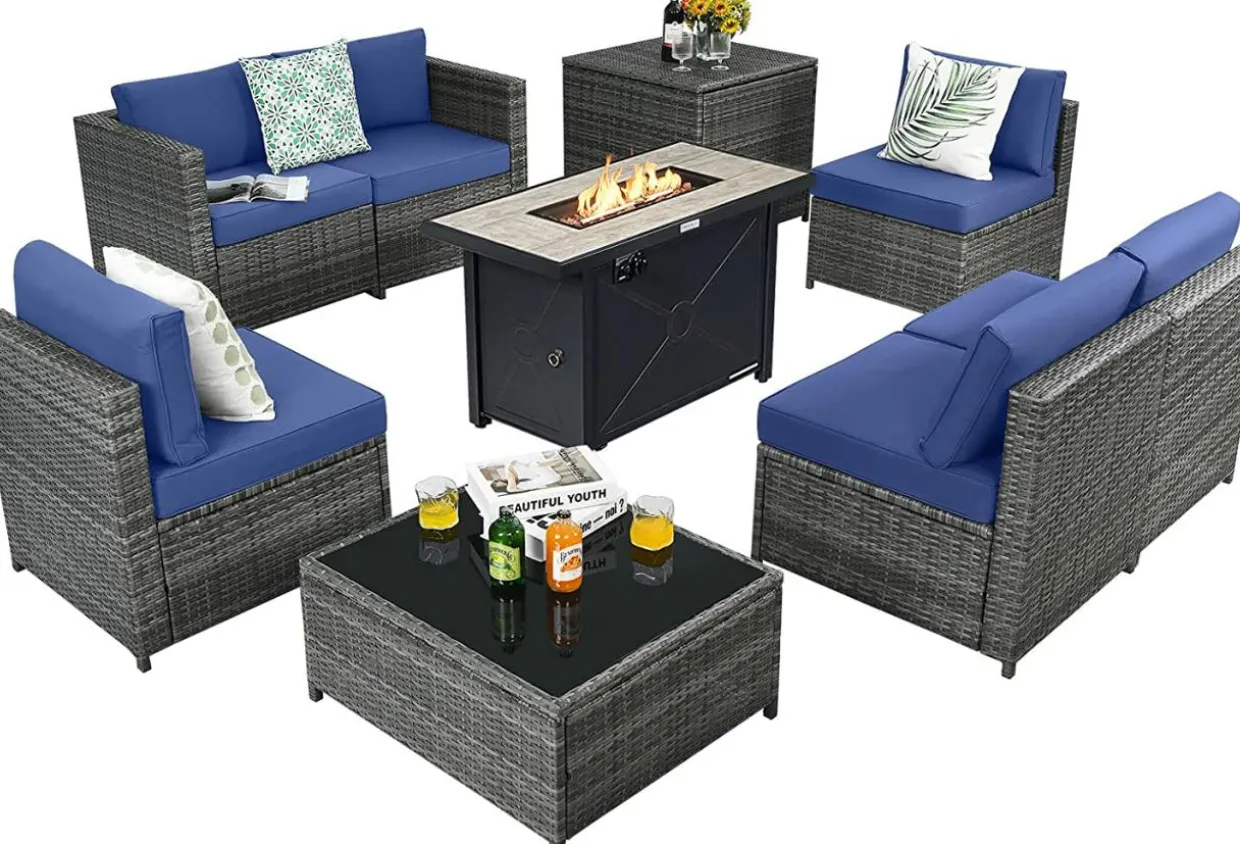 Tangkula 9 Pieces Patio Rattan Furniture Set, Patiojoy Sectional Sofa Set with Fire Pit Table,Waterproof Covers Includes