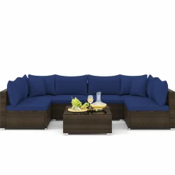 Tangkula 7 Pieces Patio Rattan Furniture Set, Patiojoy Outdoor Conversation Set with Cushions and Tempered Glass Coffee Table