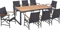 Tangkula 9 Pieces Patio Rattan Dining Set with Acacia Wood Table, Outdoor Table and Chairs Set with Cushions