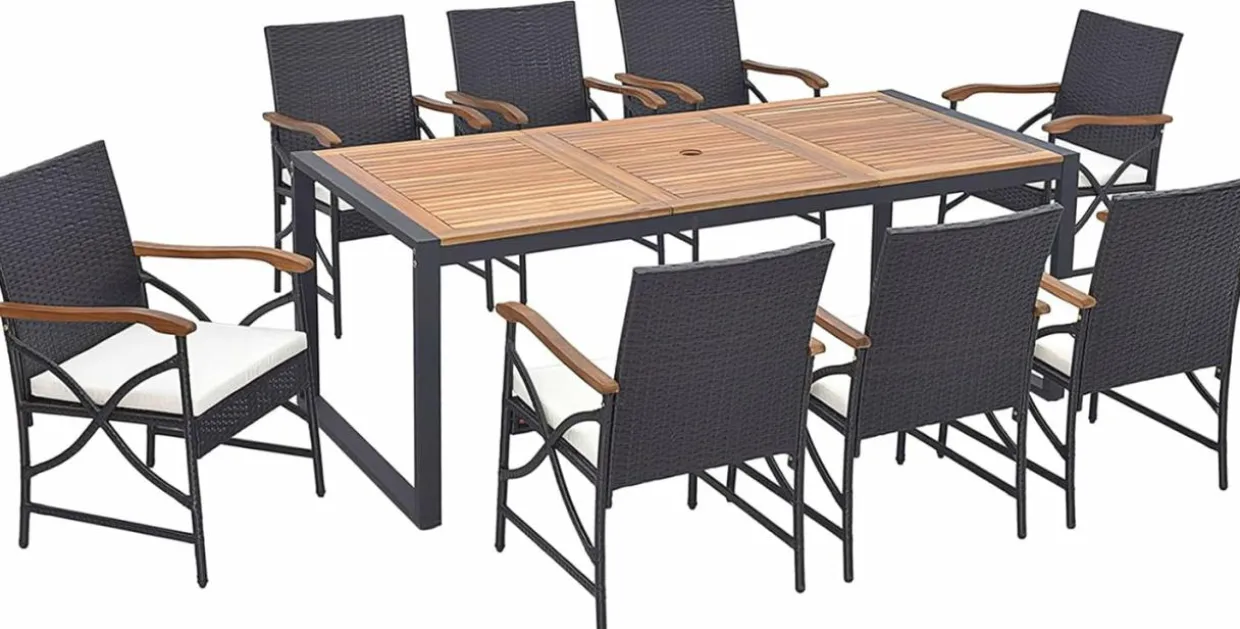 Tangkula 9 Pieces Patio Rattan Dining Set with Acacia Wood Table, Outdoor Table and Chairs Set with Cushions
