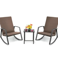 Tangkula 3 Pieces Patio Rocking Bistro Set, PE Rattan Rocking Chairs with Tempered Glass Side Table